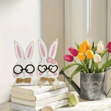 2pcs/Set Fashionable Easter Bunny Figurines, Male Bunny With Round Black Glasses And Linen Bow Tie, Female Bunny With Heart-Shaped Glasses, Pink Polka Dot Hair Clip And Soft Linen Bow Tie - Bow Bunny - View 2