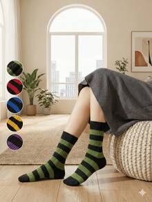 1/2/3/4/5/6/Pairs Random Women's Retro Striped Crew Socks, Y2K Grunge Style Ribbed Knit Cotton Mid-Calf Hosiery For Daily Wear & Cosplay - Multicolor - View 2