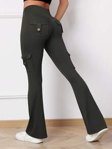 女士高腰喇叭瑜伽裤，带口袋，休闲工作装及旅行装 - 灰色 - 查看 2