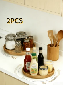 1/2pcs Kitchen Supplies, Wooden Tray, Spice Containers, Kitchen Spice Rack, Kitchen Storage Rack, Kitchen Organizer, Tray, Kitchen Decor, Rotating Tray, 8-Inch Round Multi-Purpose Tray, Round Wooden Spice Rack, Kitchen Organizer Rack, Cabinet Rotating Tray, Countertop, Table Or Dining Room, Food Tray, Snack, Dessert Tray, Holiday Gift, Home Kitchen Storage Plate, Kitchen Gadgets - Mocha Brown - View 10