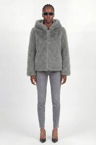 Naf Naf Short Hooded Coat In Soft Faux Fur, Grey Manteaux En Fausse Fourrure Grey Fabric - Grey - View 2
