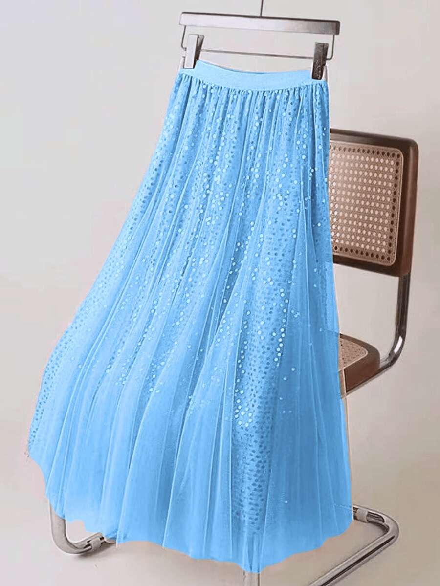 Women's Midi Tulle Skirt With Sequins, New Spring/Autumn 2025 Style, High-Waisted A-Line Skirt That Slims The Silhouette. Casual, Elegant Party, Sequin, Contrast, Openwork Fabric, Mesh, Contrast. - Màu xanh nhạt - Xem 1