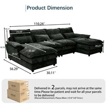 U Shape Cloud Couch Sectional Sofa For Living Room, 110" Modern Chenille Comfy Cloud Sofa, 4 Seat Upholstered Modular Sofa With Memory Foam & Double Chaise - Black - View 10