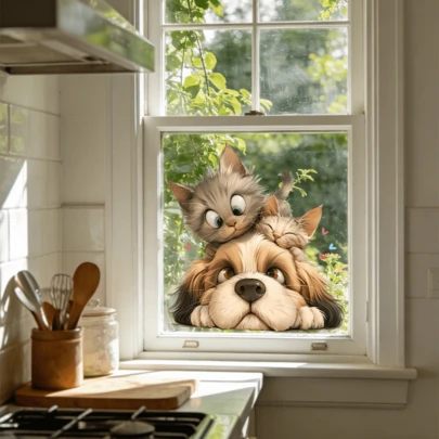 1/5 piezas Pegatina de ventana con gato y perro lindos, calcomanía de cachorro y gatito asomándose para decoración de fondo de sala de estar, puerta de vidrio, arte de animal divertido, mural extraíble de PVC, ornamento para el hogar