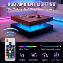 FKWin Mesa de centro LED para sala de estar con espacio de almacenamiento: mesa central blanca moderna de alto brillo con 2 cajones, mesa central de madera cuadrada con luces de 16 colores - Marrón y negro - Cajón individual - Ver 6