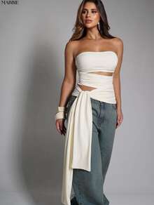 Strapless Blouse With Tie Detail, Double Fabric, Elegant Fashion. - 白色 - 查看 2