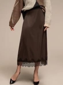 HZXVIC Chân váy satin thanh lịch mùa hè mới - Chân váy dài ngang gối cạp cao viền ren, thích hợp cho các bữa tiệc và mặc hàng ngày. - màu nâu - Xem 3