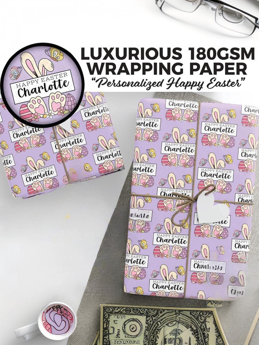 1pc Customized Easter Themed Wrapping Paper, Personalized Name Gift Packaging, Spring Holiday Design With Rabbit & Egg Patterns, Customizable Name Printing, Decorative Gift Wrapping Paper For Easter Celebration And Spring Holidays, Available In 2 Sizes, High-Quality Paper Suitable For Gift Boxes, Bags And Parcels - Easter Style 1 - View 1