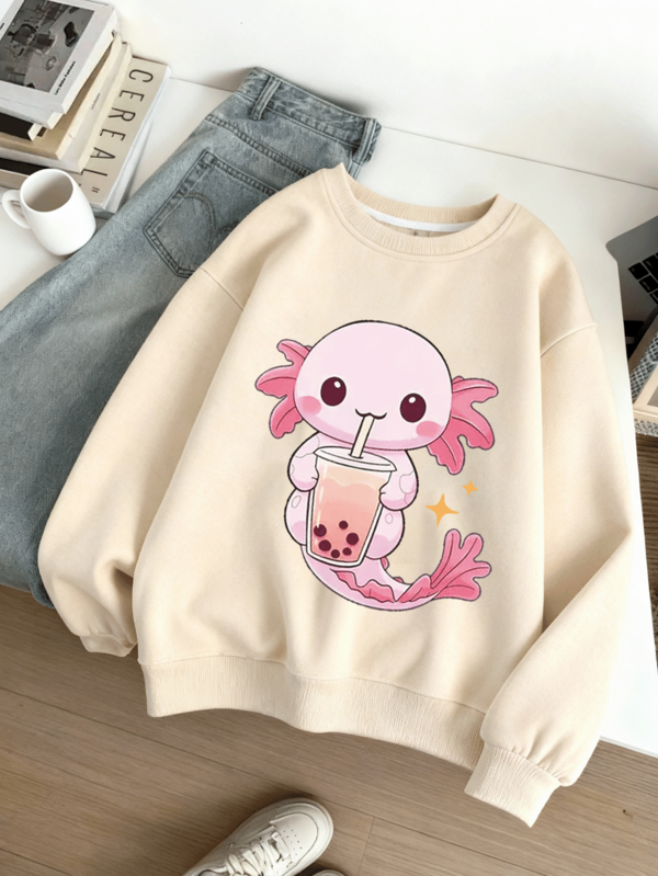 Cartoon Axolotl Print Crew Neck Sweatshirt For Teen Girls. Soft And Comfortable, Machine Washable, Casual And Fashionable, Suitable For Travel, Gatherings And Campus Wear. Also Suitable For School, Vacation And Shopping.