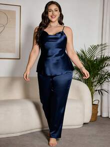 Elegant Women's 2 Pieces Pajama Set, Solid Color Sexy Spaghetti Strap Camisole With Long Pants, Comfortable And Versatile Loungewear For All Seasons - Navy Blue - View 5