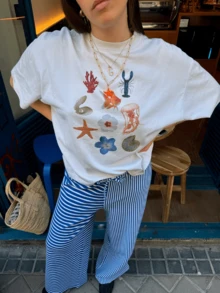 New Summer Women's Ocean Creature Jellyfish & Starfish Print Top, Heavyweight Cotton Soft & Breathable Loose Fit Casual Tee, Suitable For Beach Vacation, Campus, And Daily Wear - White - View 5