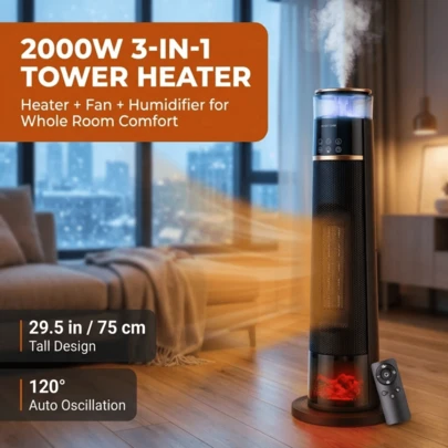 3-In-1 Heater, Fan & Humidifier - Multifunctional Tower Design For Year-Round Comfort. Enjoy Cozy Warmth In Winter, Refreshing Airflow In Summer, And Soothing Humidity In Spring And Fall. Features 3 Modes And 5 Smart Combinations, 12H+ Continuous Runtime, Quiet Operation, And Sleek Portable Style Perfect For Bedroom, Living Room, Office, Dorm, Or Apartment. Ideal Home Essential For All Seasons.