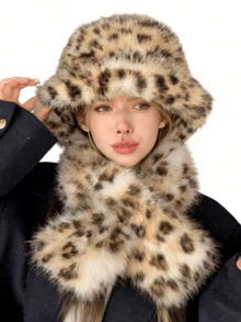 1/2 piezas Conjunto de gorro y bufanda con estampado de leopardo estilo europeo y americano, gorro cubo esponjoso y calentador de cuello aislado de moda - Multicolor - Ver 9