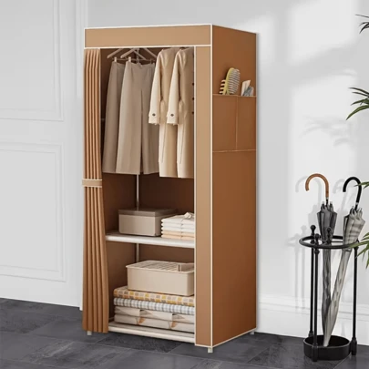 One Easy-To-Assemble Clothing Storage Cabinet With Dust Cover, Made Of Thickened Tubing, Large Capacity, Simple Design, Independent Clothing Rack With Side Pockets, Available In Multiple Colors, Portable Wardrobe, Clothing Rack, Storage Shelf, Non-Woven Fabric Wardrobe, Hanging Rod Suitable For Shirts, Towels, And Accessories, Perfect For Bedroom Organization, Metal Frame Wardrobe, Breathable Mesh Panel, Portable Wardrobe, Easy To Assemble And Sturdy , Suitable For Homes, Apartments, Storage Orangizer,Travel Essential