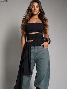 Strapless Blouse With Tie Detail, Double Fabric, Elegant Fashion. - Negro - Ver 2