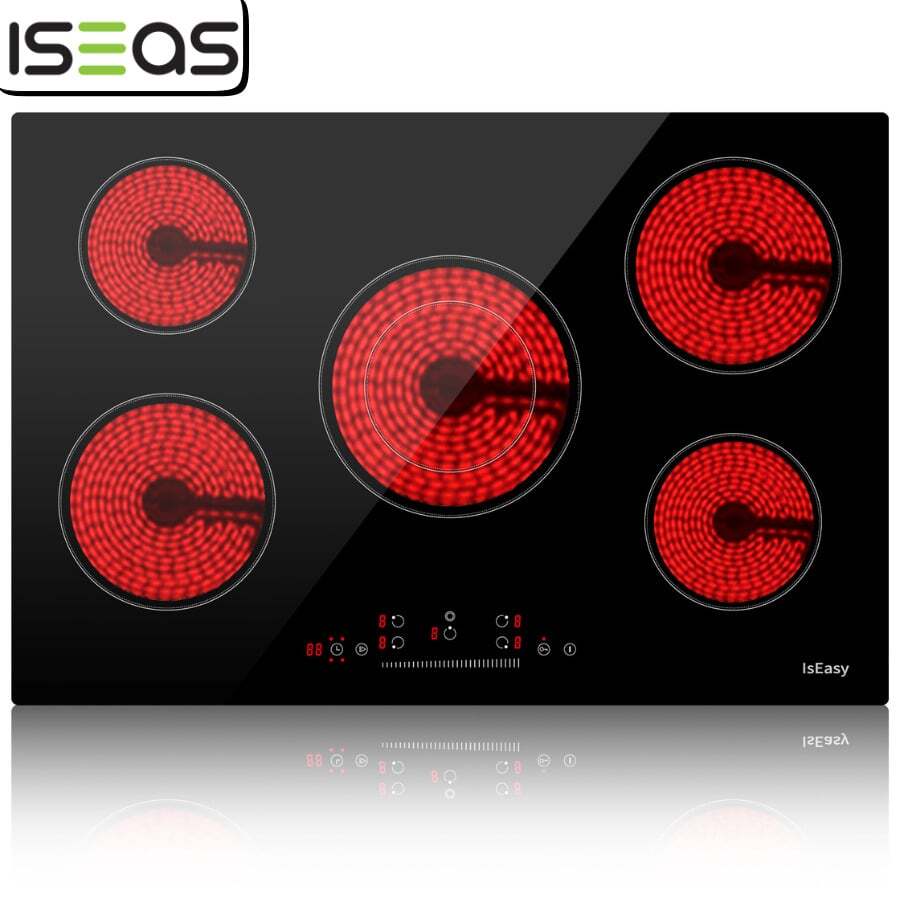 Electric Cooktop 30 Inch, IsEasy Ceramic Cooktop 5 Burners, Electric Stove Top Built-In Countertop 8200W With 9 Heating Level, 220-240V, Hard Wire, No Plug