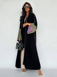 Women's Cardigan Summer European And American Dubai Elegant Maxi Dress, Middle Eastern Style Patchwork Big Sleeve Abaya - Black - View 2