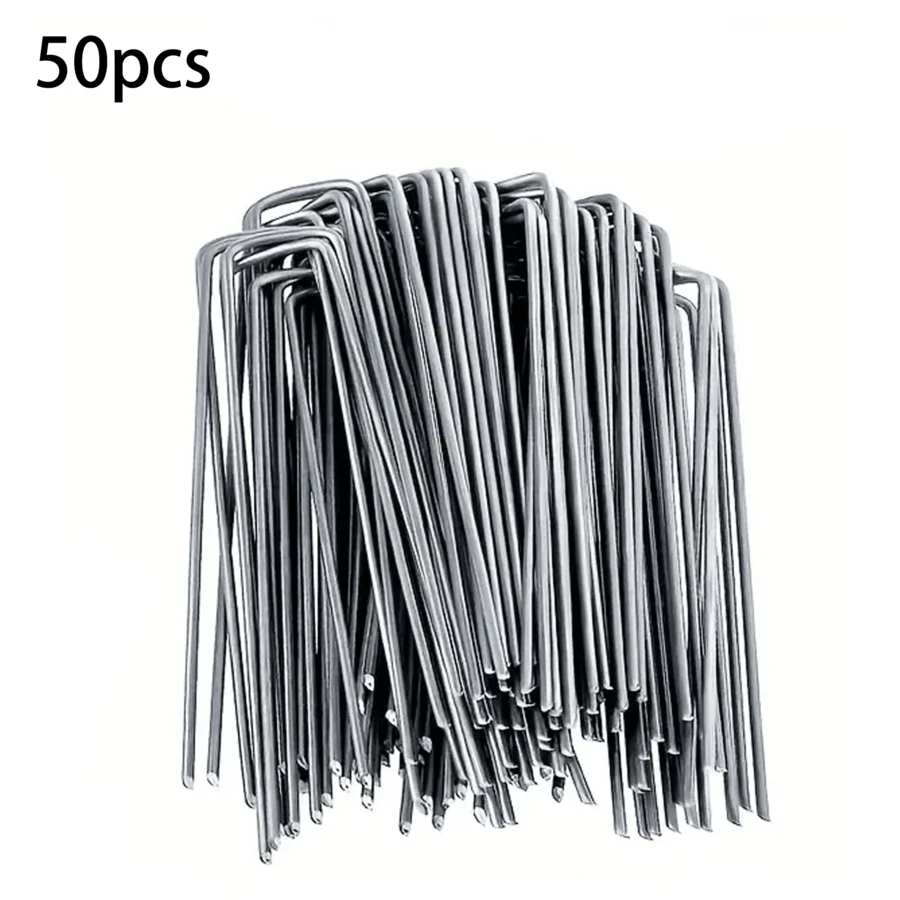 50 U-Shape Garden Staples Heavy-Duty Fence Sod Pins Galvanized Landscape Stakes Spike For Holding Barrier Ground Cover - Silver - View 1