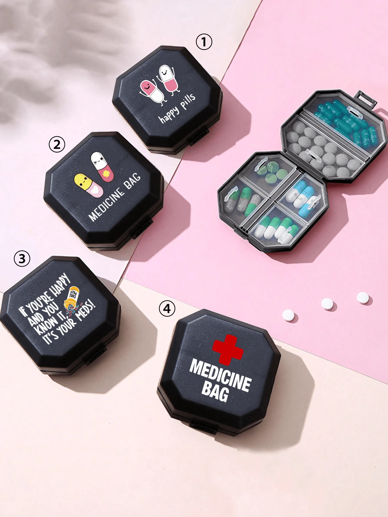 Tragbare Fach-Pillenbox Muster mit Pille, Medikamentflasche und Rotes Kreuz Symbolen, tragbare Medikamentische Erste-Hilfe-Tasche, 6-Fach Kapsel Aufbewahrungsbox, Reise Pillenbox, Medikamentbox, 6-Fach Pillenaufbewahrung, Reise Mini Pillenbox, feuchtigkeitsgeschützte Tabletten- und Vitamin-Behälter Spender, Zuhause und Camping - Verschiedenfarbig - Übersicht 1