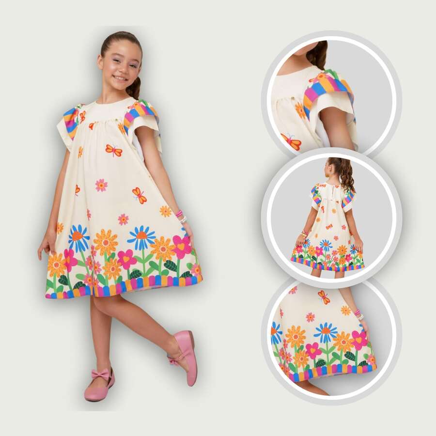 Girls' Themed Dress - , Enchanted Garden, Bees, Butterflies - Graduation, Fashionable, Blogger Style, Cool, For Parties, Birthdays, Everyday Wear, Casual, Girl's Clothing, Teen, Wedding, Printed, Loose-Fitting, Summer, Floral - 香檳色 - 查看 1