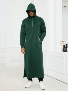 Hooded Drawstring Robe, Modern Islamic, Kamis Robe, Muslim Men Robe - Green - View 2