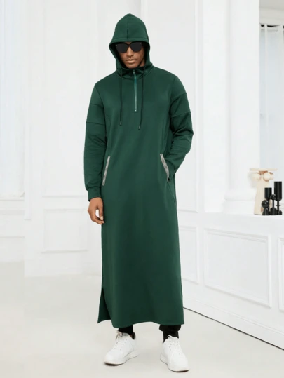 Hooded Thobe With Drawstrings,Modern Islamic Clothing For Men,Kamisweat Thobe,Muslim Men's Long Thobe Kamees