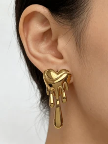 Stainless Steel Gold-Plated Ear Studs, Concave-Convex Texture, Low Allergenic, Nickel-Free, Heart-Shaped Ear Studs, Thick Gold Lady's Ear Studs, Fashionable Declaration Geometric Texture Lightweight Anti-Allergy Ear Studs, Retro Jewelry Dance Party Gifts, Lady's Ear Studs, Fashionable Heavy And Unique Pendant Ear Studs, Lady's Gold Earring Set, Exquisite Gold-Plated Pendant Ear Studs, Anti-Allergy Ear Studs, Fashionable Jewelry, Lady's Gifts - Multicolor - View 4