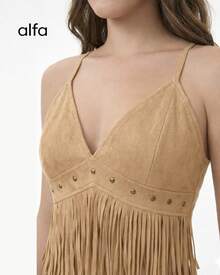 Conjunto de Gamuza con Flecos para Mujer, Set de Top Crop y Falda Corta Estilo Vaquero Western Cowboy Boho Chic, Outfit de Verano y Primavera para Festival,  Vacaciones, Fiesta Casual y Looks Trendy - Beis - Ver 3