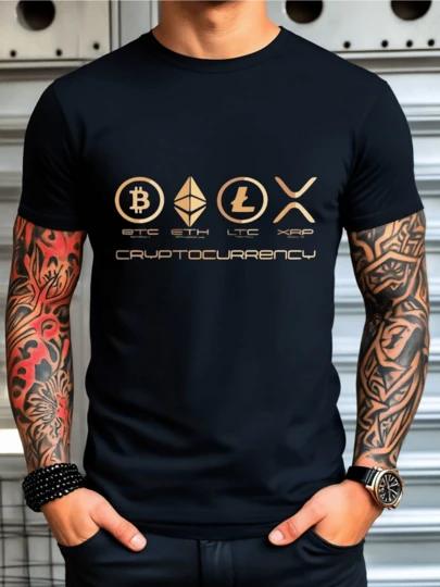 Golden Symbols Representing Various Cryptocurrencies Like Bitcoin Ethereum Litecoin And XRP Are Emblazoned On This Stylish Tee 100% Cotton.Invest In Your Wardrobe!