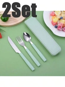 4件套可重复使用旅行餐具套装，带收纳盒，便携式塑料叉勺刀，露营餐具套装，成人午餐餐具，户外野餐餐具，厨房用具，学习用品，返校季 - 彩色 - 查看 14