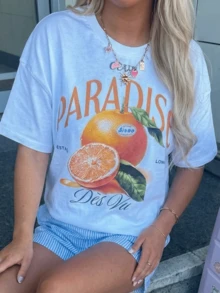 Nova blusa feminina de verão "PARADISE" com estampa gráfica em estilo de pintura a óleo laranja, - Branco - Ver 1