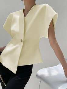 女士休闲、优雅、时尚的V领纽扣衬衫，配金属领，适合办公室通勤和春季穿着。 - 淡黃色 - 查看 3