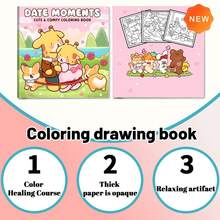 1 pièce Livre de coloriage mignon et confortable Date Moments, couple de girafes kawaii doux, illustration de dessin animé de rendez-vous romantique au parc, incluant un chiot corgi, pages d'art linéaire minimaliste doux, convient aux adolescentes et aux adultes, cahier d'exercices de pratique de l'art de la pleine conscience, cadeau de loisir romantique - Moments de rendez-vous - Voir 6