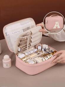 Túi đựng mỹ phẩm du lịch cao cấp bằng da PU, thêu chữ A-Z trên khăn, túi đựng mỹ phẩm nhiều lớp dung tích lớn, có ngăn khóa kéo, túi đựng đồ du lịch đa chức năng chống thấm nước, hộp đựng cọ trang điểm, hộp đựng mỹ phẩm, phụ kiện du lịch, túi đựng đồ vệ sinh cá nhân, túi đựng mỹ phẩm, túi chăm sóc da, túi đựng đồ dùng vệ sinh cá nhân khi đi nghỉ mát, túi du lịch cho nữ, túi dung tích lớn. - Nhiều màu - Xem 10
