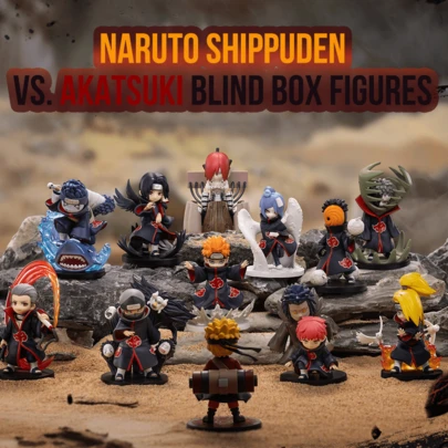 Pop Mart Bộ sưu tập mô hình Naruto Shippuden VS. Akatsuki dạng hộp bí ẩn, bao gồm 10 phiên bản thường và 2 phiên bản ẩn, với thiết kế chủ đề chiến đấu của Akatsuki, áo choàng mây đỏ, tư thế năng động, ngọn lửa bùn bùng nổ, hiệu ứng cá mập, trang trí cánh, đầu cây và các nhân vật đeo mặt nạ, cùng với bối cảnh sa mạc, đá, đồng cỏ, bầu trời đêm và xoáy nước.