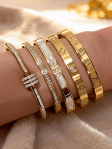 18K Gold Plated Stackable Bangle Set | Fully Paved Diamond Roman Numeral Four-Leaf Flower Shell Bracelet | Women's Daily & Party Wear Non-Fading Layered Bangles, Valentine's Day & Everyday Wear Gift - Gold - View 2