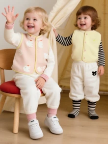 Balabala 2pcs Girls Reversible Vest, Unisex Fleece Jacket For Autumn/Winter - Red Hue - View 4