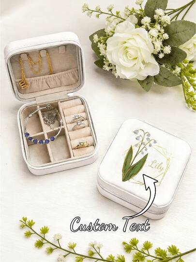 1pc Customized Jewelry Box, Floral Travel Jewelry Case, Ring Storage Box, Bridesmaid Gift, Wedding Gift, Monogram Ring Box, Women's Gift Box (Suitable For Rings, Pendants, Earrings, Necklaces Etc.). Suitable As A Gift For Her, Girlfriend, Mom, Friend, For Occasions Like Valentine's Day, Birthday, Mother's Day, New Year.