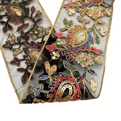 Cinta de encaje y lentejuelas de colores brillantes, hecha a mano y extra larga, bordado hidrosoluble - Patrón exquisito de flores y hojas, cinta de poliéster multicolor adecuada para vestidos de novia, manualidades DIY, decoraciones de fiesta, envoltura de regalos, telas para el hogar - Fácil de coser, sin necesidad de ribete