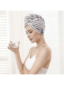 Soft Absorbent Microfiber Modern Striped Quick-Dry Hair Wrap, Low Linting Polyester Blend Head Wrap With Character Theme - Multicolor - View 5