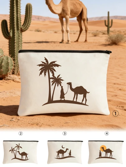 印有骆驼、椰枣和棕榈树图案的拉链包 - 斋月主题图案，大容量女士旅行化妆包，便携可折叠收纳包，中东/阿拉伯沙漠风情化妆品收纳包