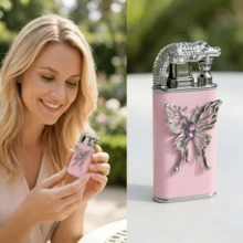 Unique Innovative Cute Lighter, Pink Snake/Butterfly Lighter, Windproof Dual Flame, Handmade Diamond, Portable Lighter For Candles, Camping, Christmas's Gift (Butane Not Included)(White 1) - 1件(不含丁烷氣) - 查看 2