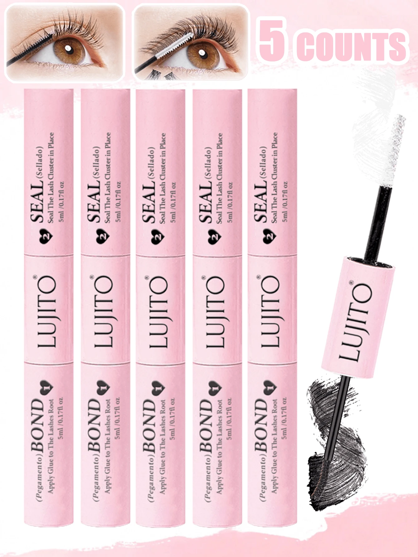1/3/5pcs Lash Cluster Glue Lash Bond And Seal Waterproof Lash Glue For Eyelash Clusters 10ml Bond And Seal 2-In-1 Home Use Strong Hold - Pink - View 1