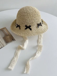 Children's Lace Bow Straw Hat, Summer Sun Protection, Foldable Beach Hat For Baby Girls - 1PC - View 2