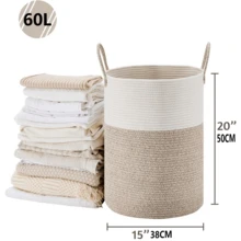 Cotton Rope Laundry Basket, 58L Woven, Collapsible Laundry Basket, Laundry Basket With Reinforced Handles For The Laundry Room, Tall Cotton Storage Basket With Handles, Decorative Blanket Basket For Living Room, Bedroom, Bathroom, Brown. - 60L màu trắng + nâu - Xem 10