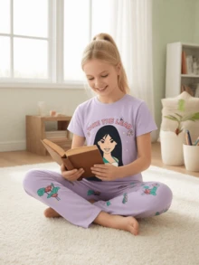 Disney 2 paquets Ensemble de pyjamas pour jeunes filles, manches courtes pour le printemps et l'été, tenues de détente douces, respirantes et légères, pyjamas mignons avec motifs de dessins animés, vêtements de nuit confortables pour les filles de 4 à 7 ans - Lilas - Voir 4