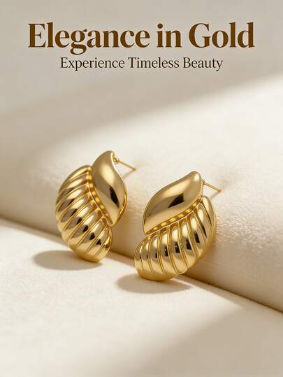 Women's Golden Shell Earrings, Girls' Ladies' Thick Gold Earrings, Minimalist Texture Large-Sized Thick Earrings, 18K Gold-Plated Drop Earrings, Lightweight Declaration Shell Earrings, Thick Golden Metal Earrings, Wedding Earrings, Stainless Steel Drop Earrings, Low-Allergy, Nickel-Free, Ladies' Retro And Exaggerated-Style Earrings