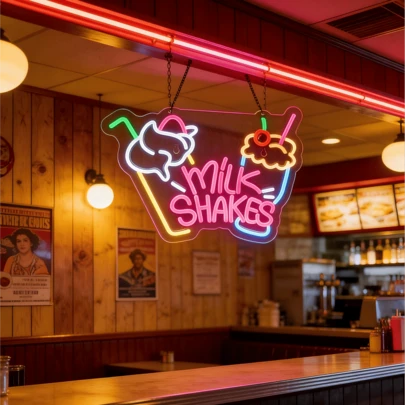 USB Powered Super Bright And Dimmable Neon Sign, Milk Shake Neon Sign, Engraved Neon Wall Art Decoration For Food Store, Beverage Store, Ice Cream Store, Frozen Yogurt Bar, Milk Tea Shop