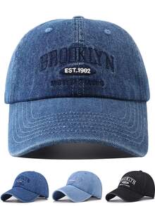 1pc BROOKLYN EST.1902 UNITED STATES Embroidered Unisex Baseball Cap, Fashionable Casual Washed Denim Soft Crown Curved Brim Hat - Multicolor - View 1
