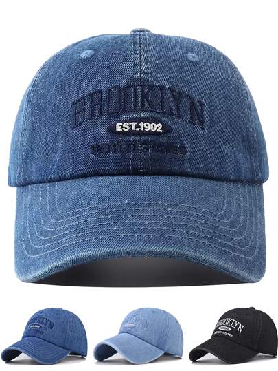 1pc BROOKLYN EST.1902 UNITED STATES Embroidered Unisex Baseball Cap, Fashionable Casual Washed Denim Soft Crown Curved Brim Hat